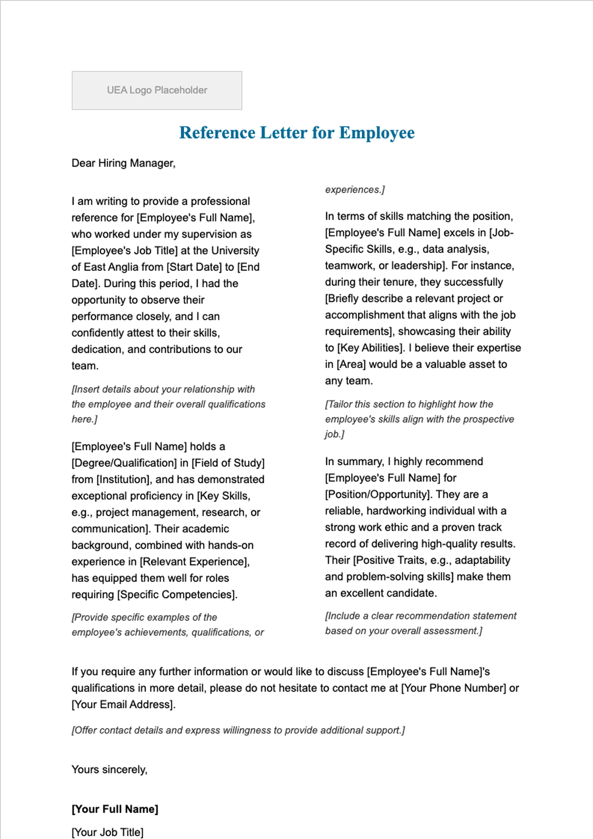 University of East Anglia reference letter template with structured sections and formatting guide_variant_3